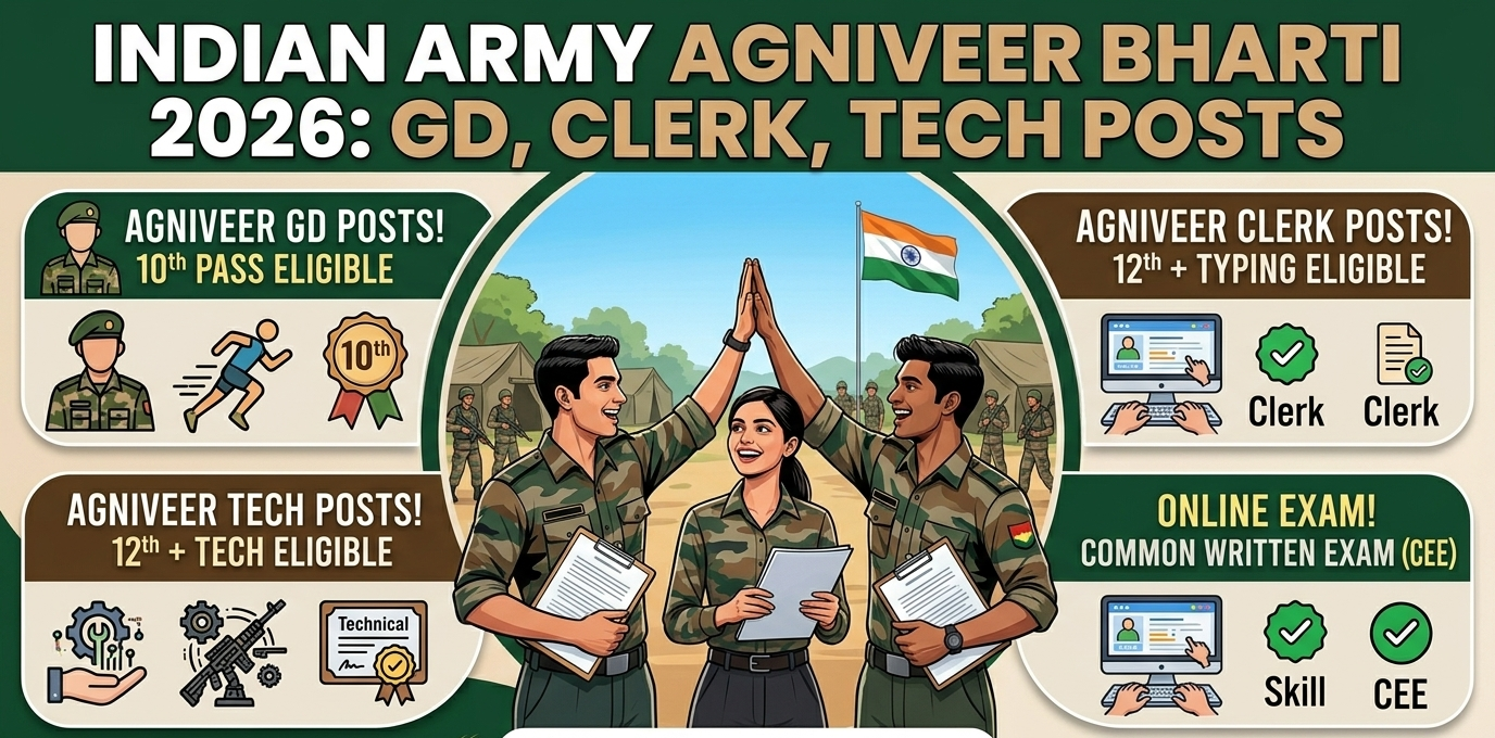 Indian Army Agniveer Recruitment 2026: Apply Online for GD, Clerk, Tech Posts, Eligibility, Exam Date